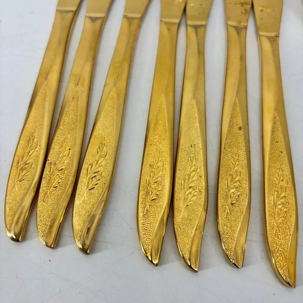 Vassar Nasco Stainless Steel Flatware Gold Tone Wheat Leaves 80s Knifes Forks